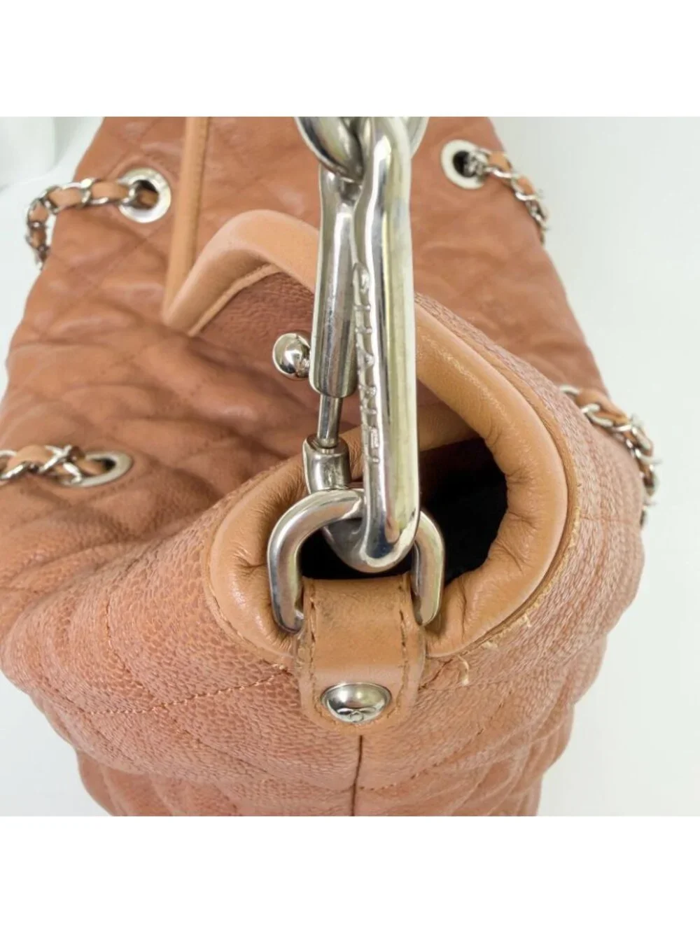 Chanel CC Logo Quilted 2-Way Chain Shoulder Bag Caviar Leather Camel Brown Seal